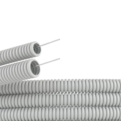 Труба ПВХ гибкая гофр. д.16мм, лёгкая с протяжкой, 100м, цвет серый (ДКС) (91916)