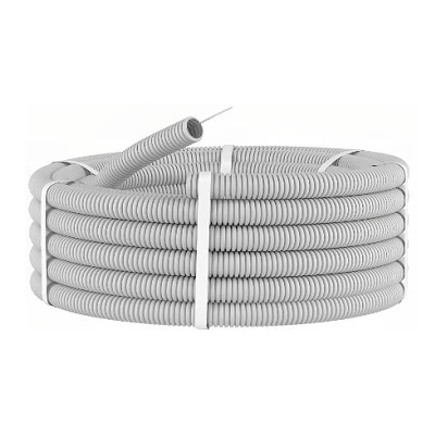 Труба ПВХ гибкая гофр. д.20мм, лёгкая с протяжкой, 100м, цвет серый (ДКС) (91920) 